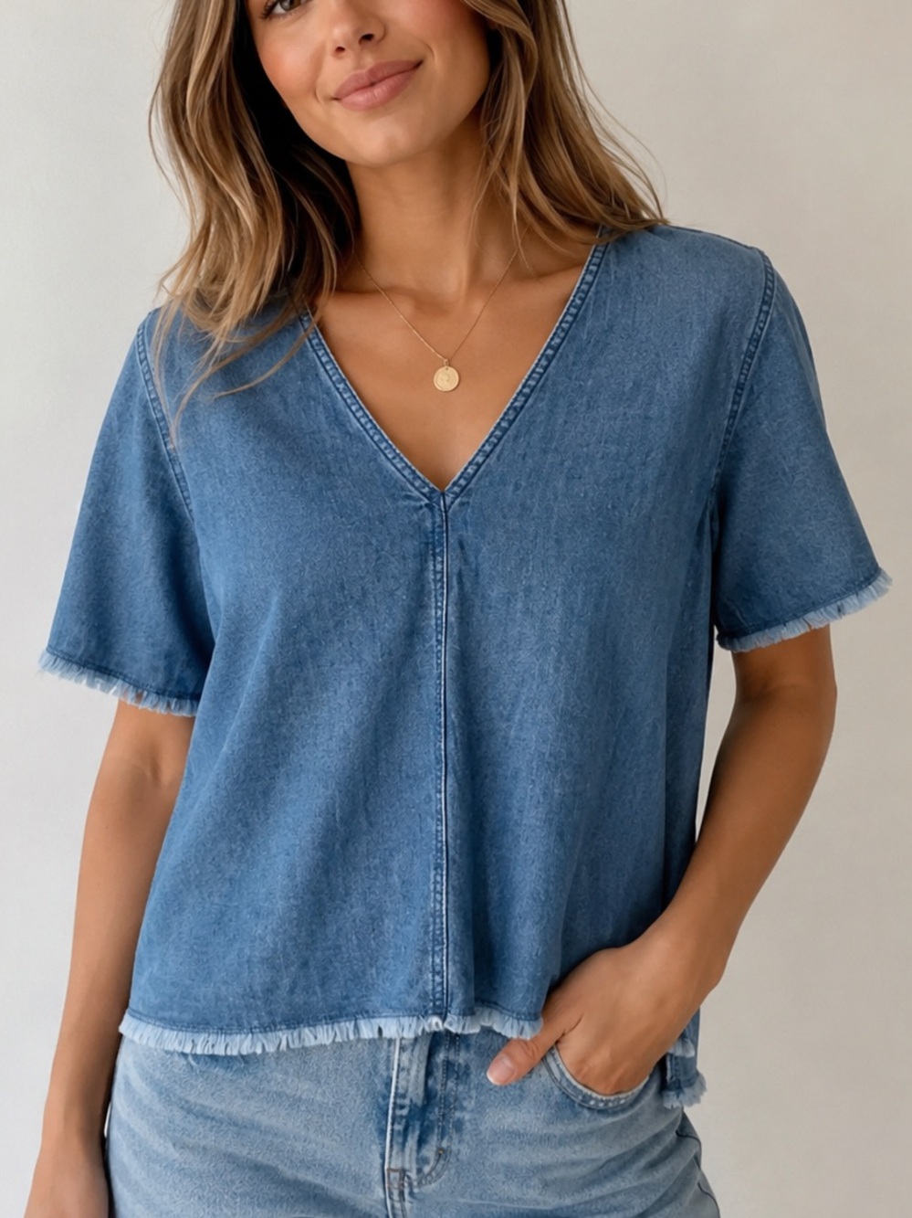 Joe Fresh Fringe Hem Denim Crop Top Blue Cotton V Neck Women’s Small